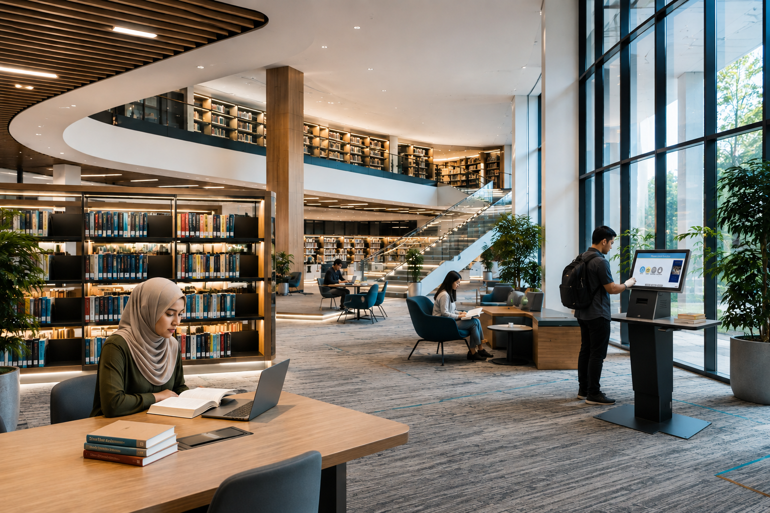Library concept with readers, bookshelves, and a self-service kiosk beside floor-to-ceiling windows